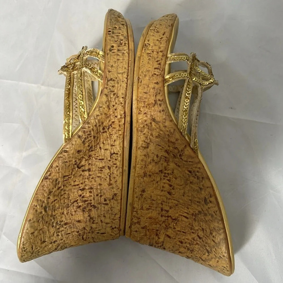 VINTAGE Y2K Platform Gold Sequin Baldwin 725 Original Wedge Open Toe Slides 6 - Picture 5 of 12